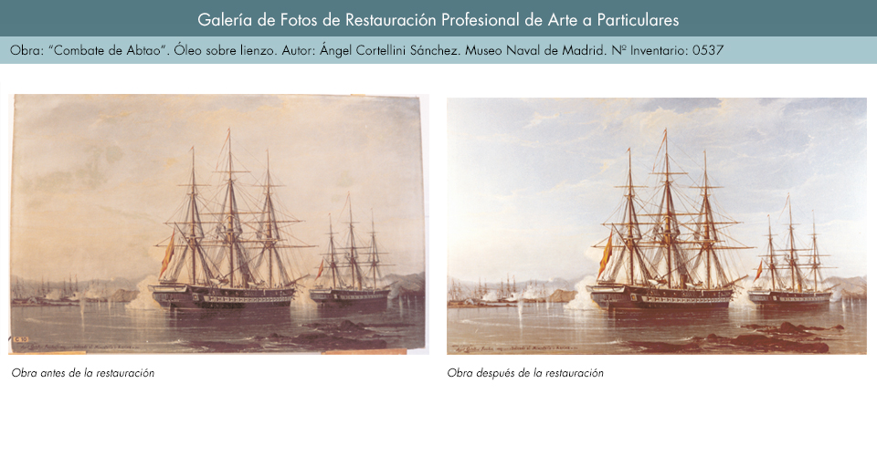 Restauración de óleo sobre lienzo. Combate de Abtao_1. Ángel Cortellini Sánchez. Museo Naval de Madrid