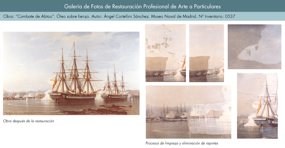 Restauración de óleo sobre lienzo. Combate de Abtao_2. Ángel Cortellini Sánchez. Museo Naval de Madrid
