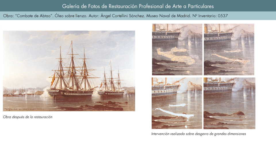 Restauración de óleo sobre lienzo. Combate de Abtao_3. Ángel Cortellini Sánchez. Museo Naval de Madrid