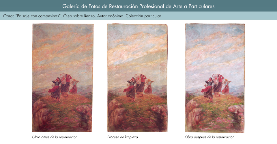 Restauración de óleo sobre lienzo. Paisaje con campesinas